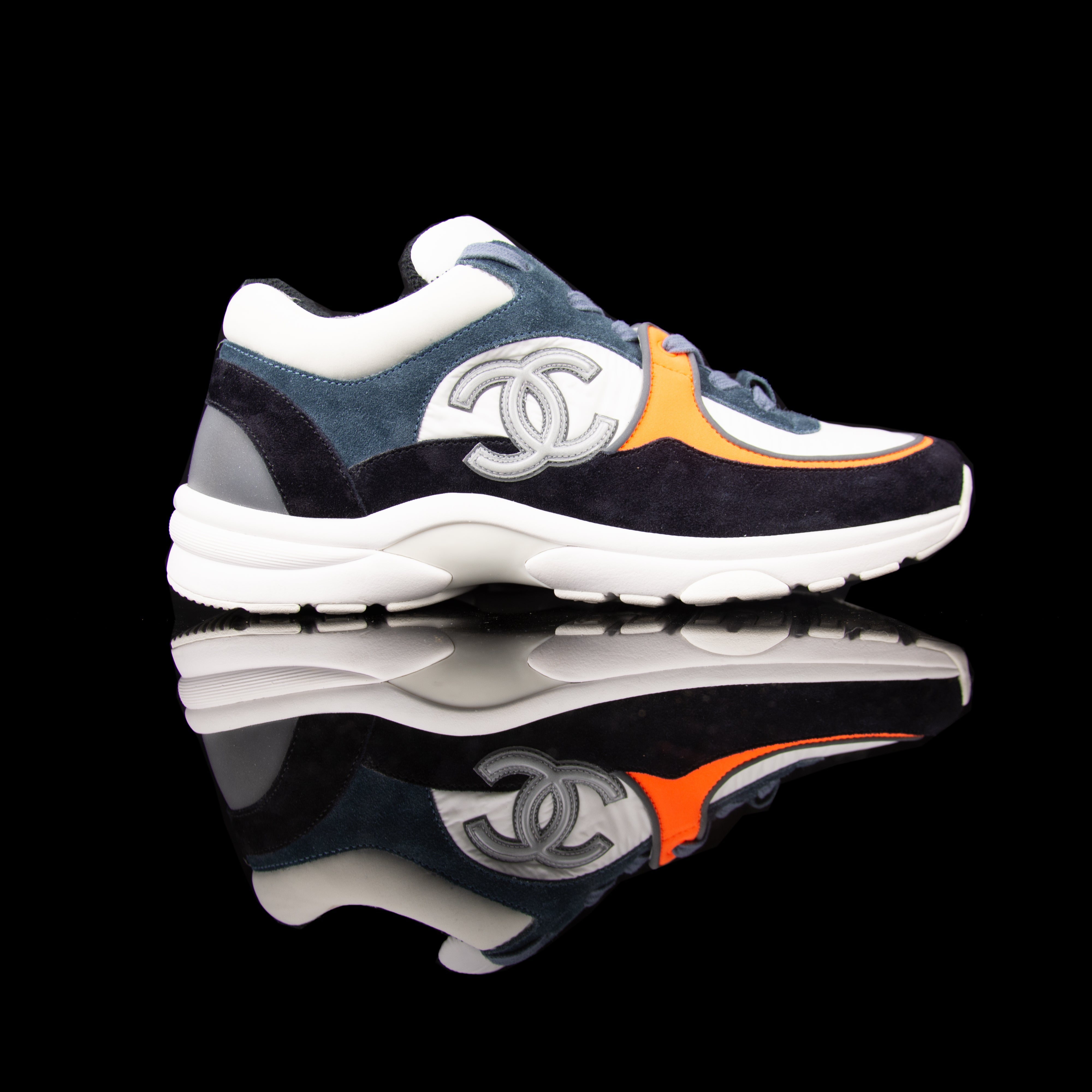 Chanel-CC Sneakers-Pre Order Duration (3-5 Working Days) CC Logo on side Silver Reflective 3m piping and back White Blue Orange Release: 2019 Limited Release Suede Nylon 3m-fabriqe.com