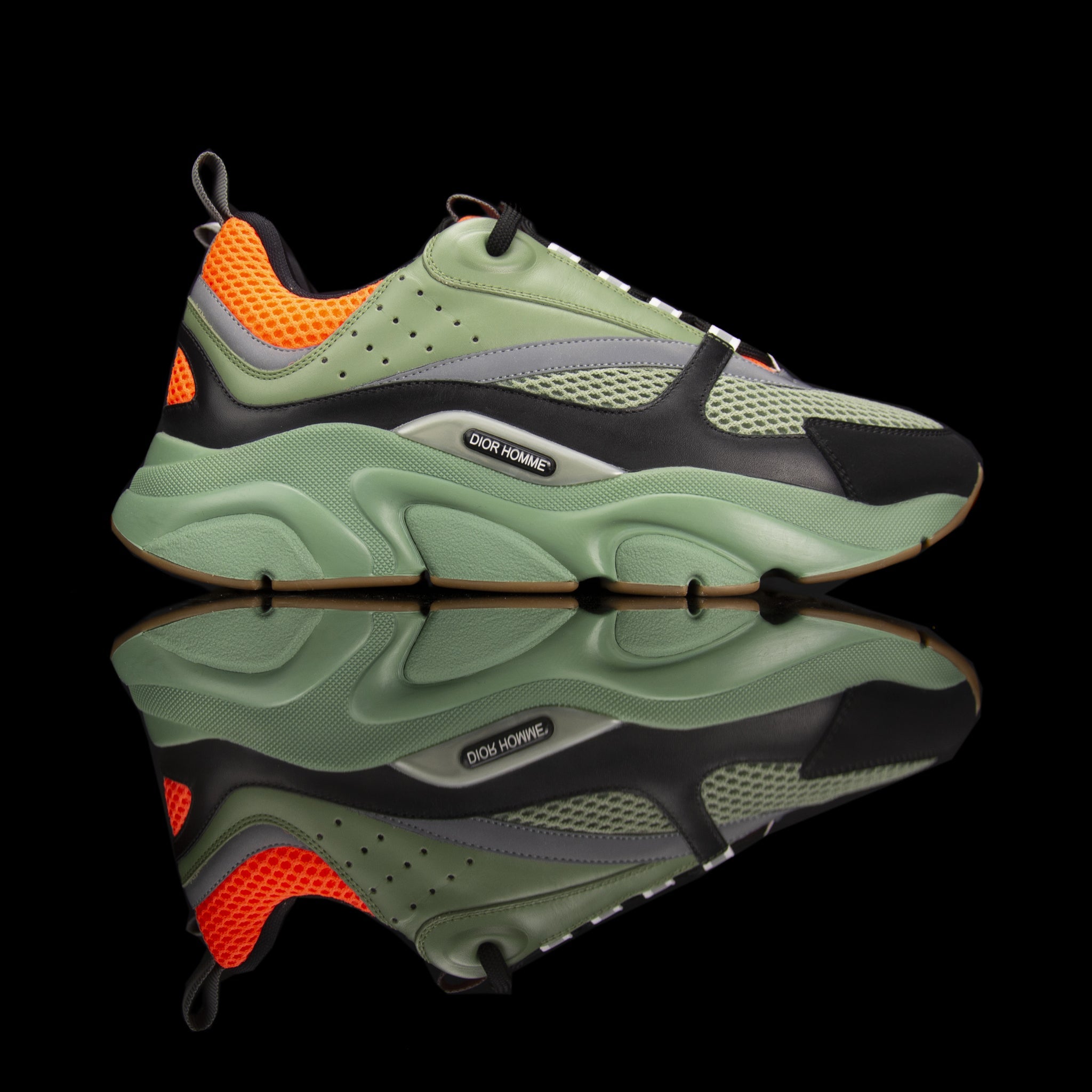 Dior Homme-B22 Sneakers-Khaki Green technical knit and black calfskin Black cotton laces Black nylon lining Khaki Green pull tab Toffee rubber sole, textured “Dior Homme” logo “Welded” construction-fabriqe.com