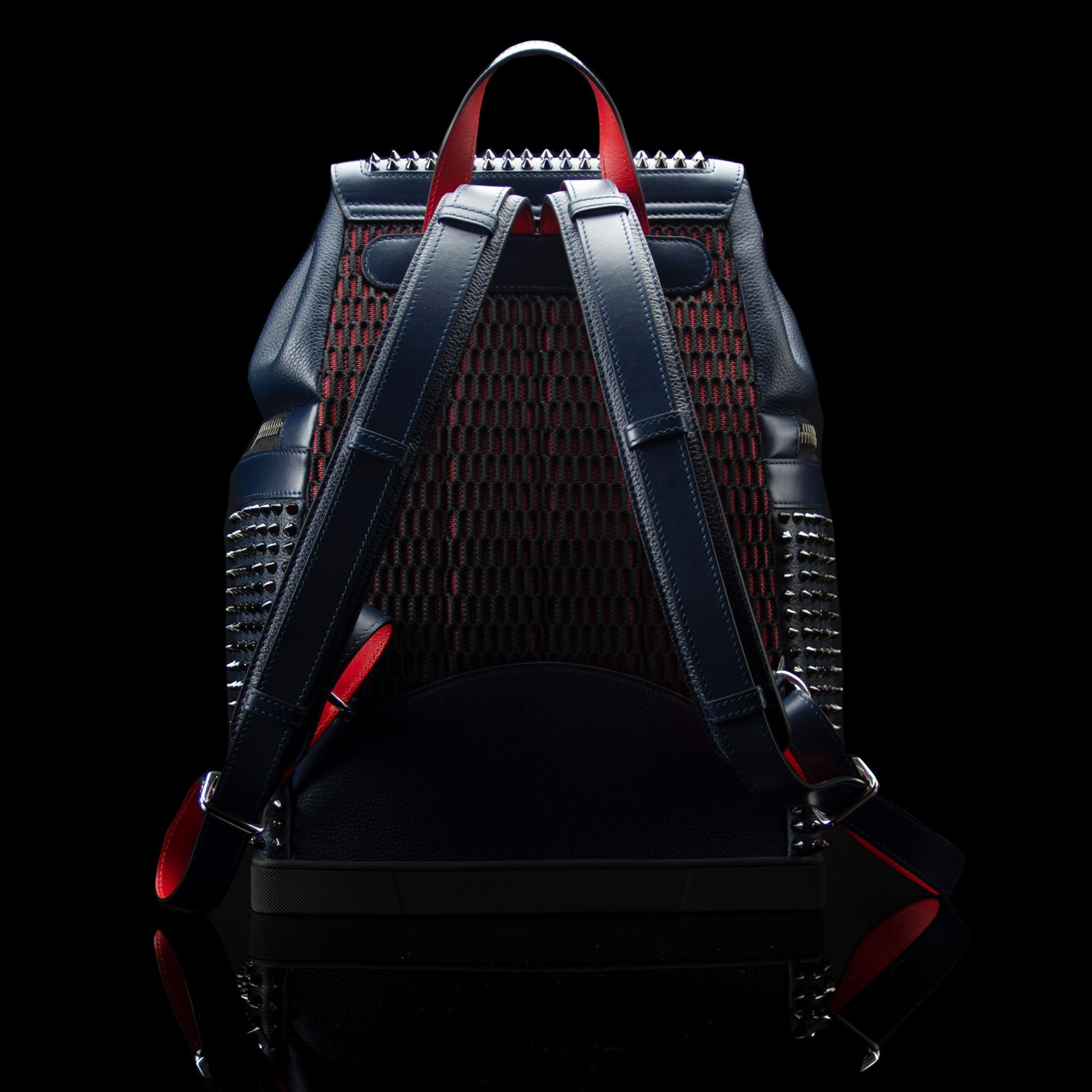 Christian Louboutin-Backpack-Navy Blue Leather Outer Metal Spikes Magnetic Closure Rubber Bottom-fabriqe.com