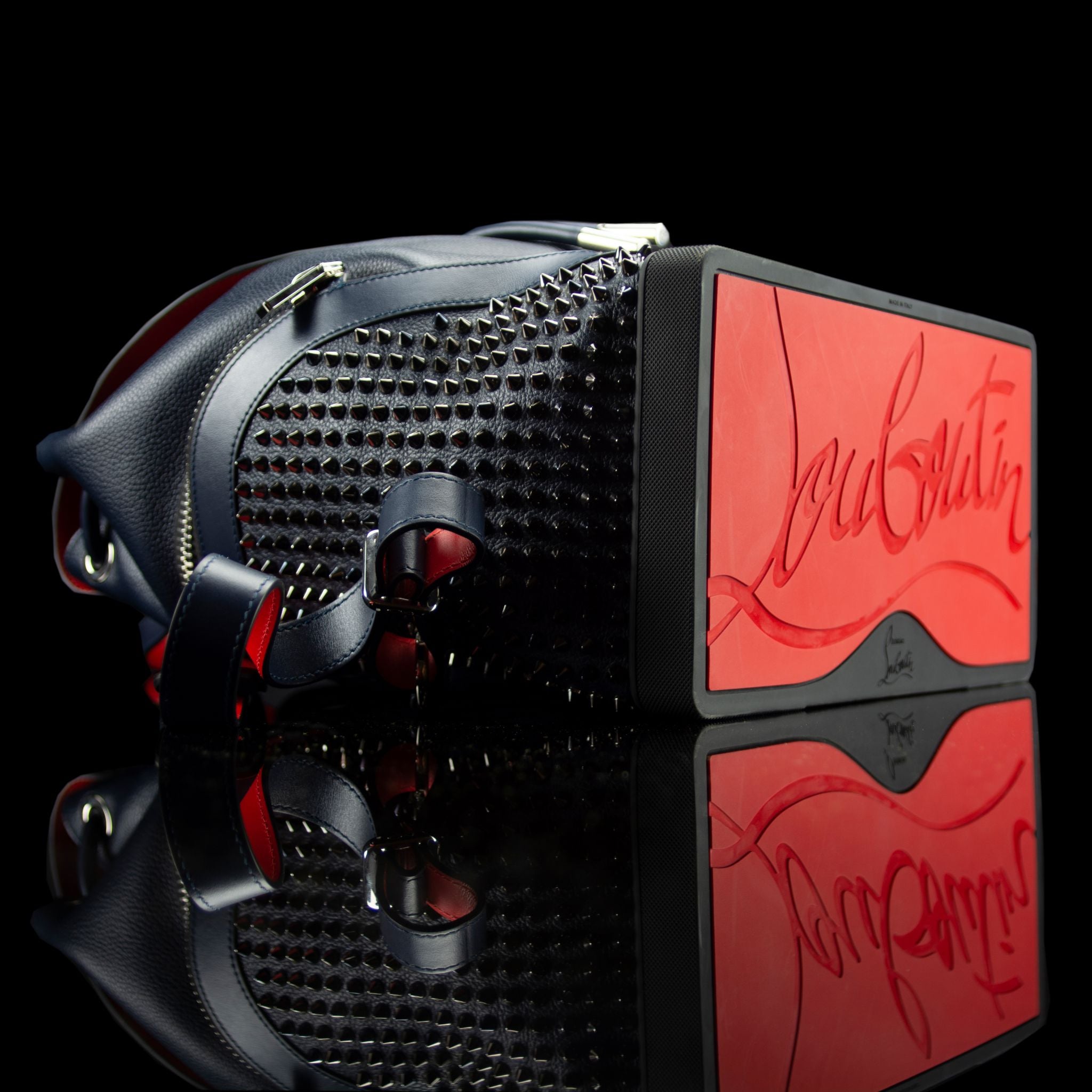 Christian Louboutin-Backpack-Navy Blue Leather Outer Metal Spikes Magnetic Closure Rubber Bottom-fabriqe.com