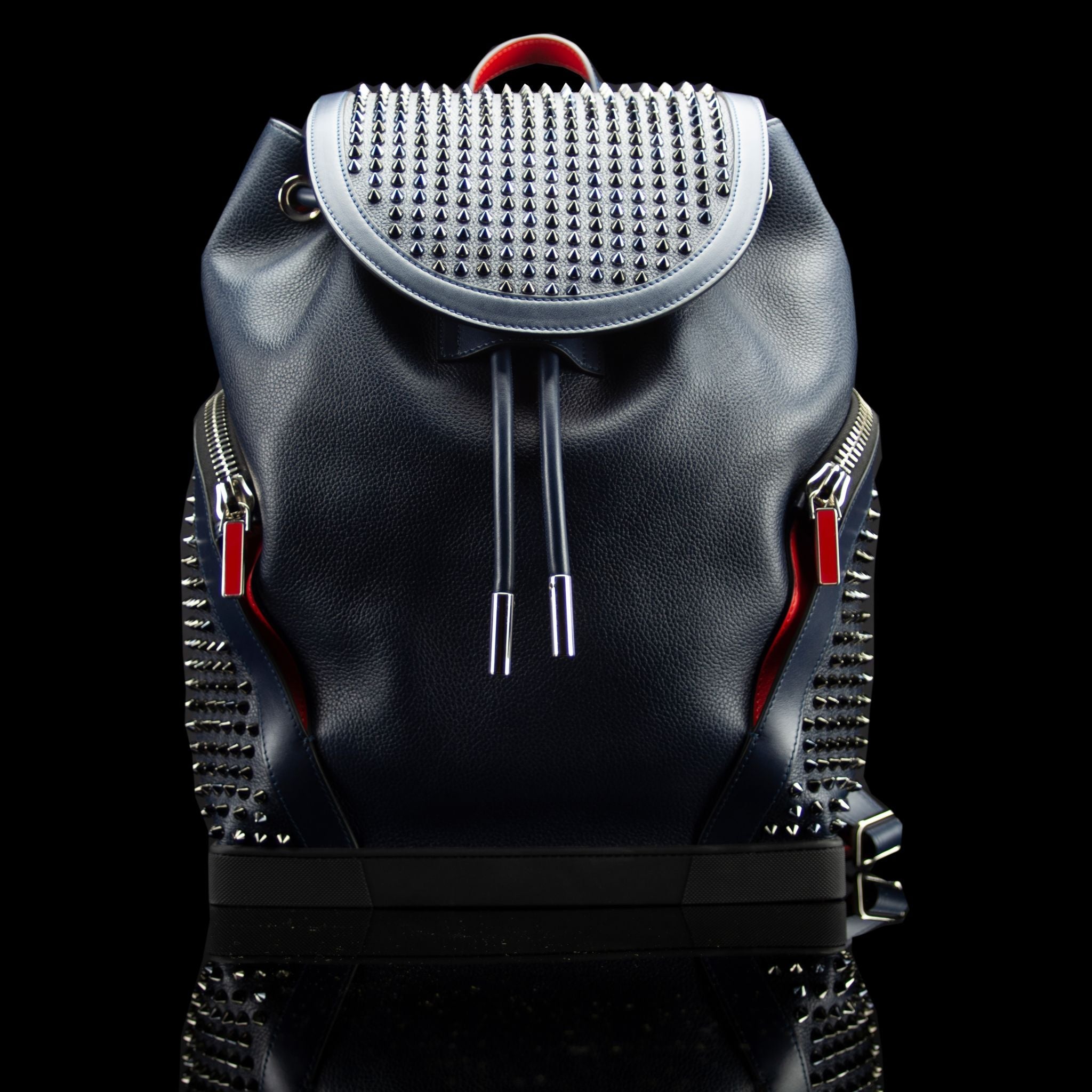 Christian Louboutin-Backpack-Navy Blue Leather Outer Metal Spikes Magnetic Closure Rubber Bottom-fabriqe.com