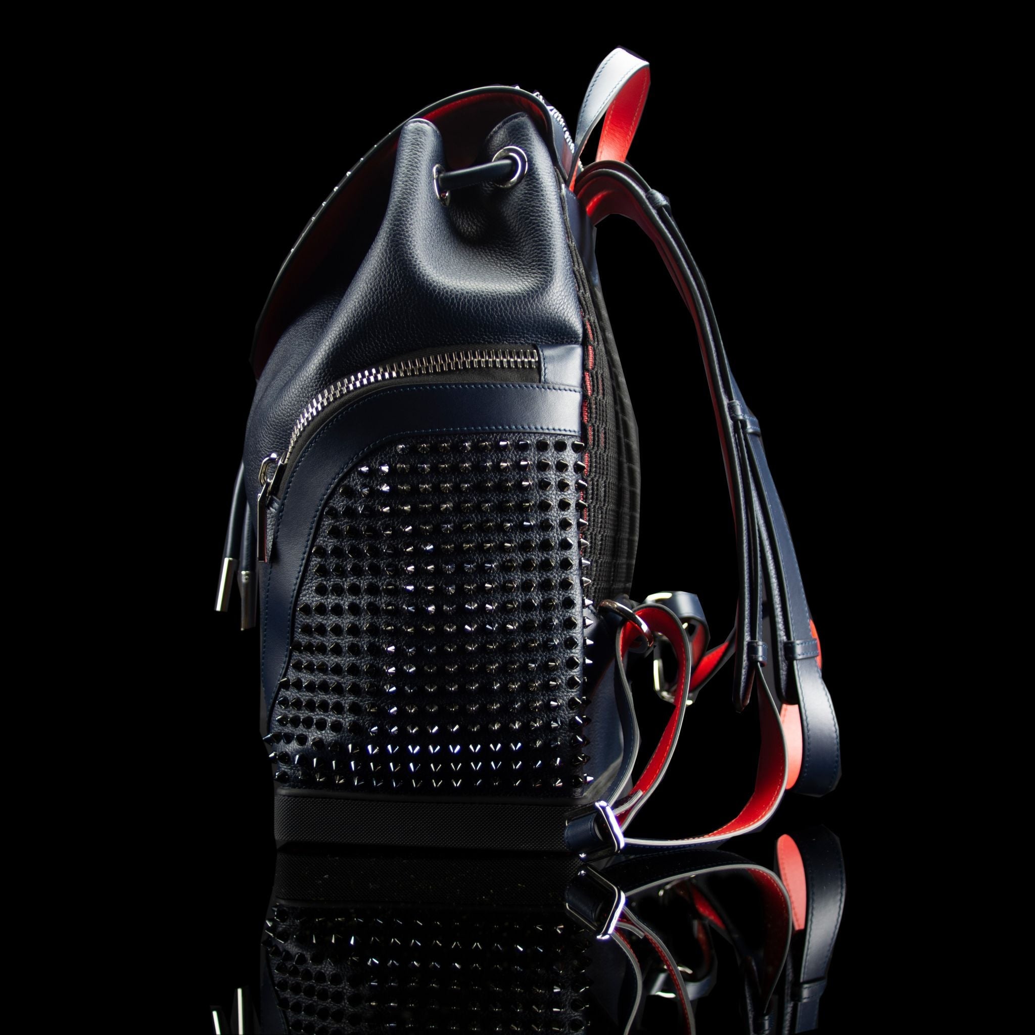 Christian Louboutin-Backpack-Navy Blue Leather Outer Metal Spikes Magnetic Closure Rubber Bottom-fabriqe.com