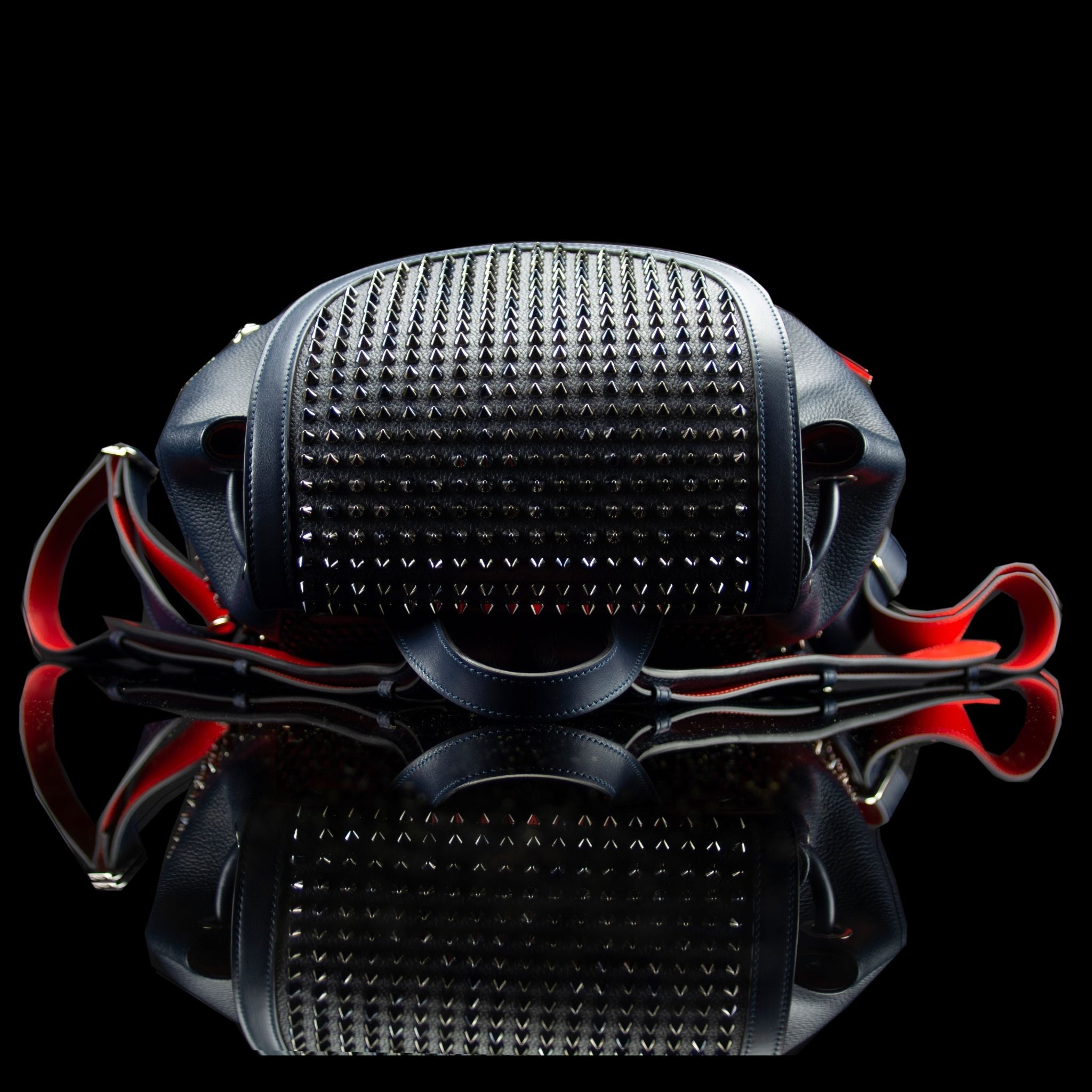 Christian Louboutin-Backpack-Navy Blue Leather Outer Metal Spikes Magnetic Closure Rubber Bottom-fabriqe.com