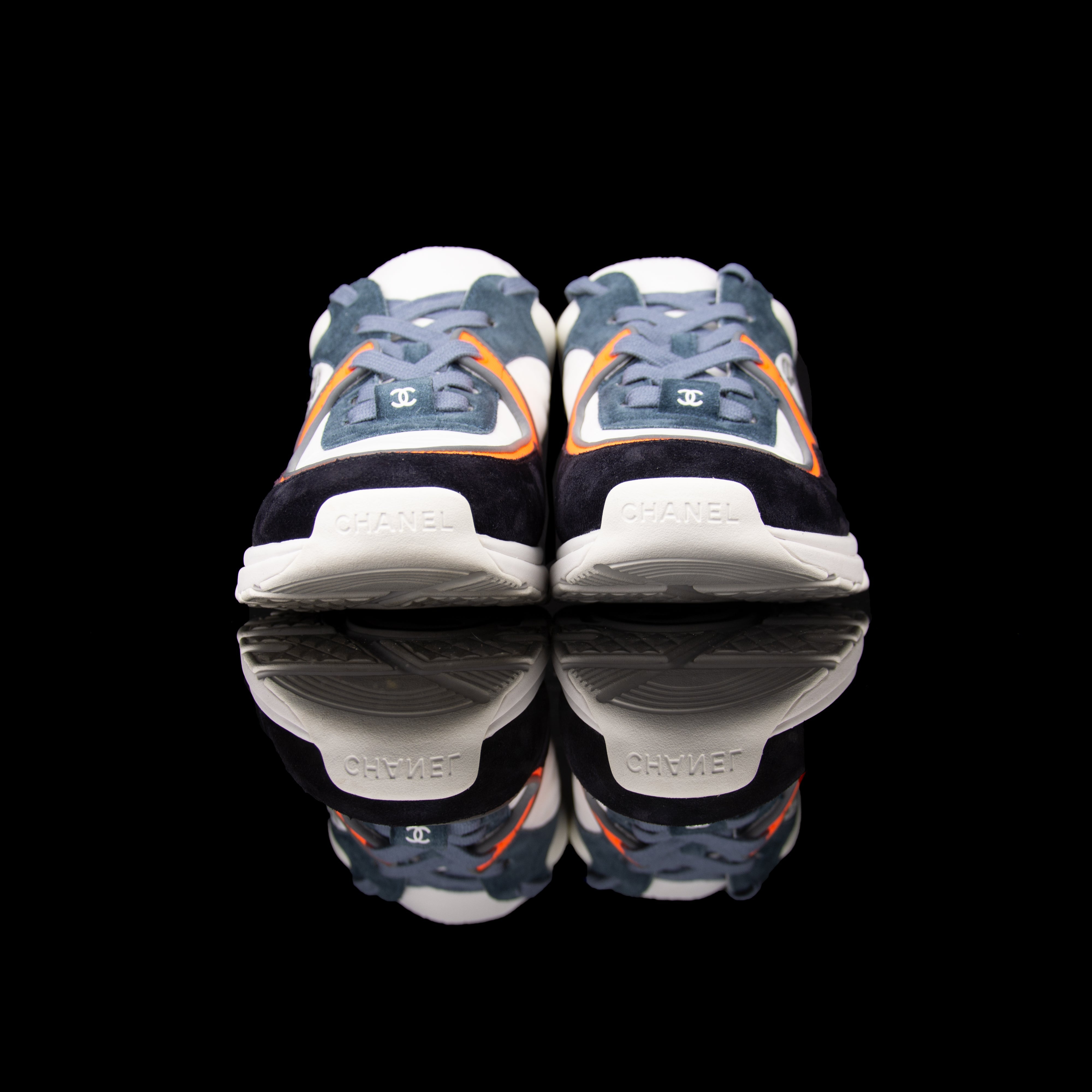 Chanel-CC Sneakers-Pre Order Duration (3-5 Working Days) CC Logo on side Silver Reflective 3m piping and back White Blue Orange Release: 2019 Limited Release Suede Nylon 3m-fabriqe.com