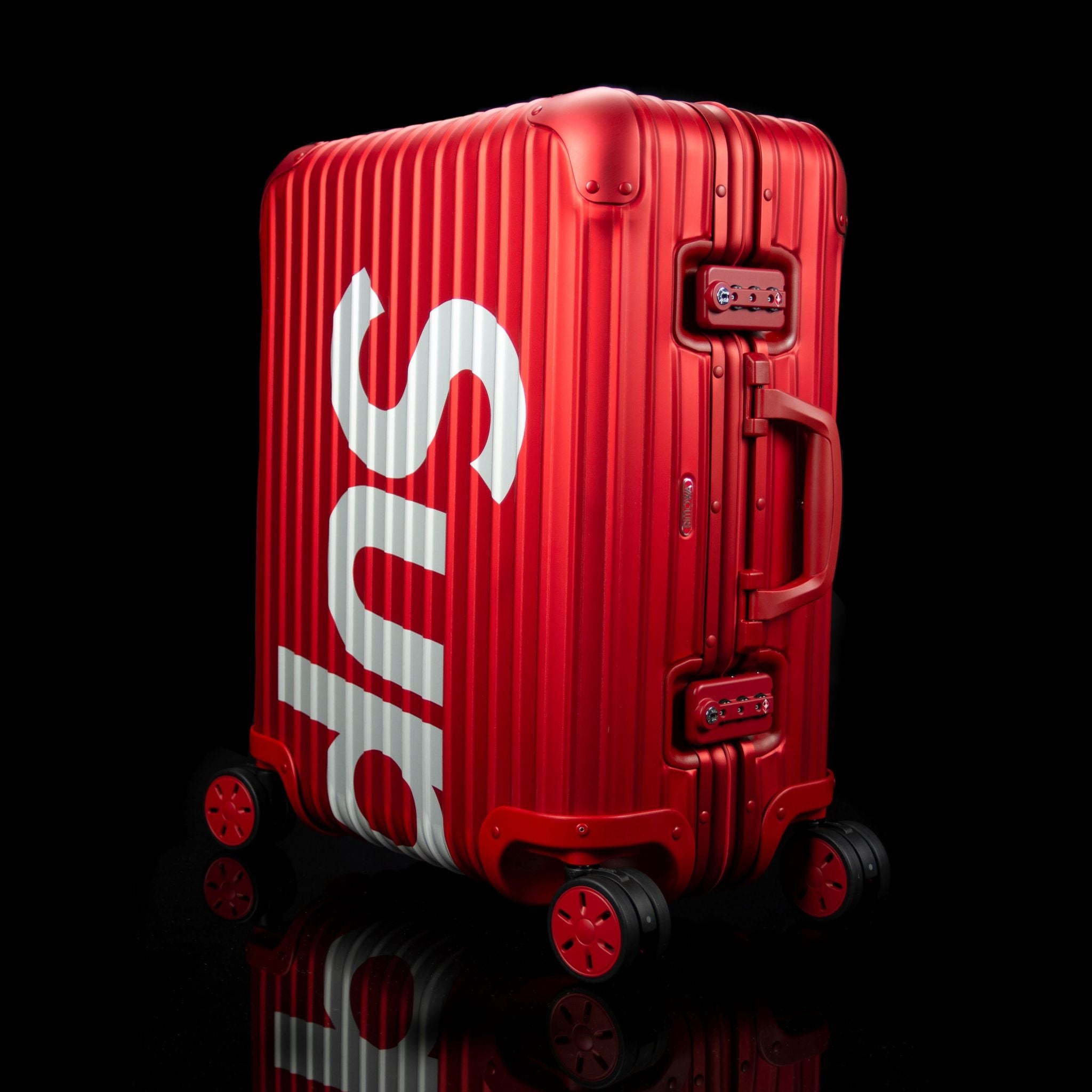 Rimowa-Suitcase-Colour: Red Exclusive-Limited Stock Aluminium/Aluminum, Plastic Handle Supreme X Rimowa Topas brings you the multiwheel suitcase. Designed exclusively for Supreme in aluminium bodies by Rimowa. This suitcase feature TSA combination locks a