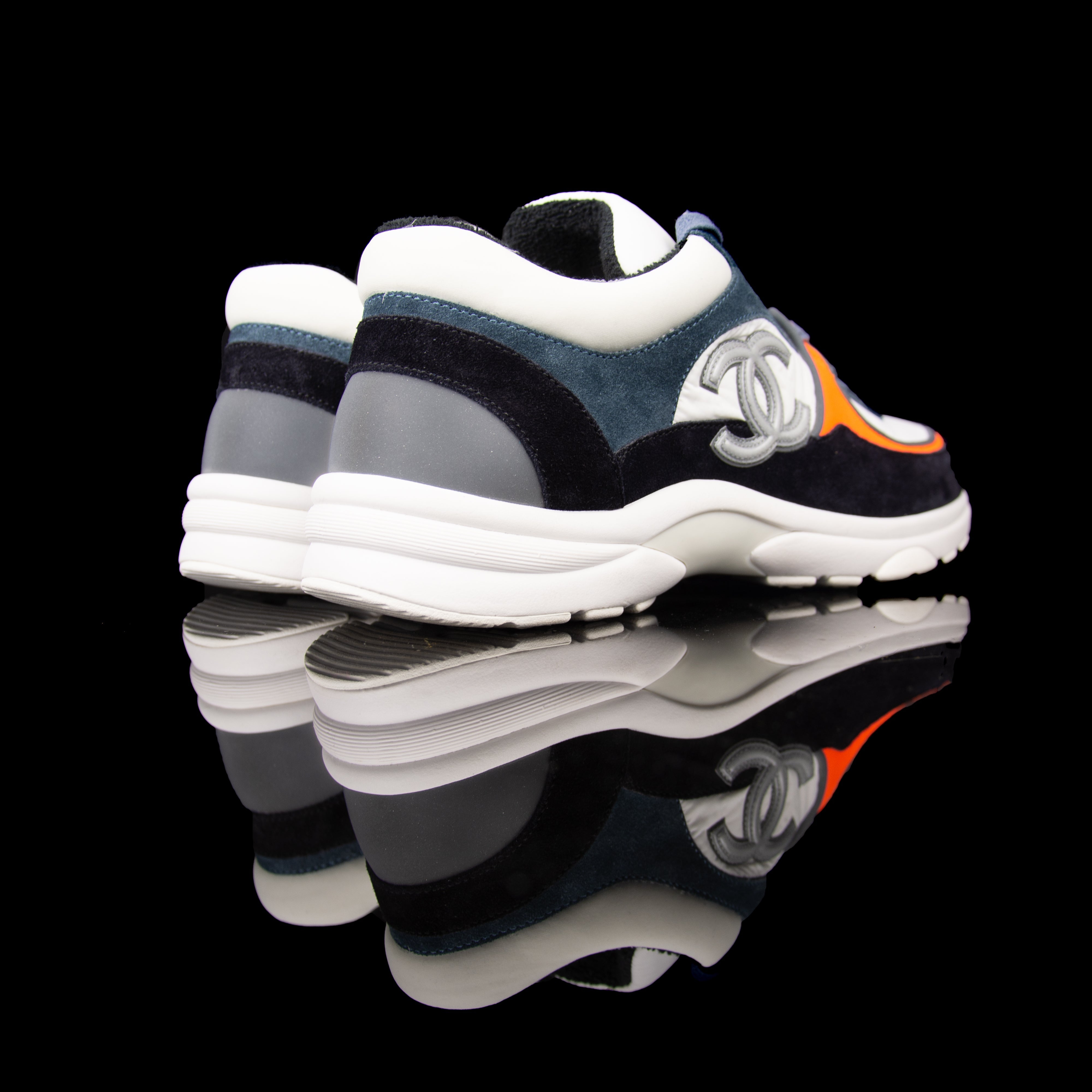 Chanel-CC Sneakers-Pre Order Duration (3-5 Working Days) CC Logo on side Silver Reflective 3m piping and back White Blue Orange Release: 2019 Limited Release Suede Nylon 3m-fabriqe.com