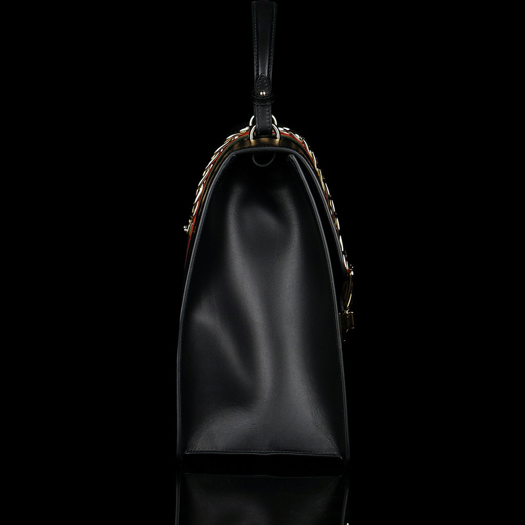 Gucci-Sylvie Bag-Black leather Gucci Flag Gold toned hardware Interior zip and smartphone pockets Handle with 12cm drop Detachable shoulder strap with 41cm drop Nylon Web detail with metal chain and buckle closure Made in Italy-fabriqe.com