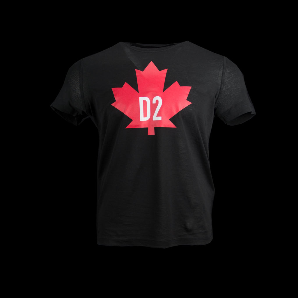 Dsquared-T-shirt-Large Maple Leaf Logo Black Red Crew Neck Classic Fit Product Code: S74GD0098 Fashion Designers Dean and Dan Canten present you the iconic Maple Leaf Logo Print T-shirt. Inspired from the Canadian flag, the Mens Dsquared black T-shirt spo