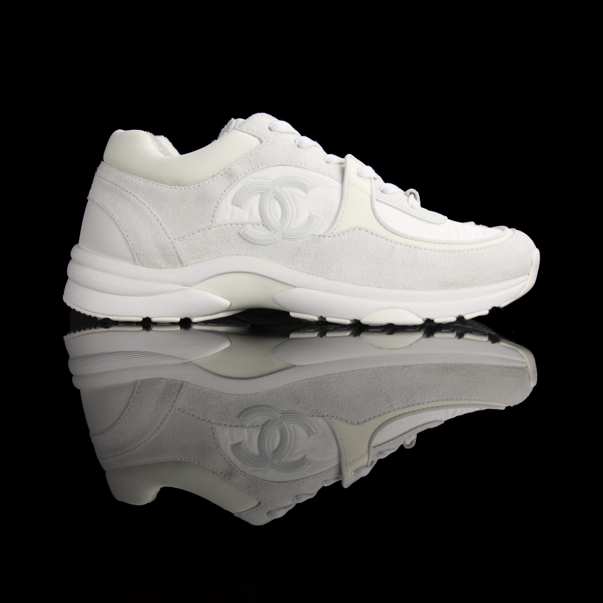 CHANEL Calfskin Mesh Lycra Suede Womens Logo Sneakers 39 White 1049830