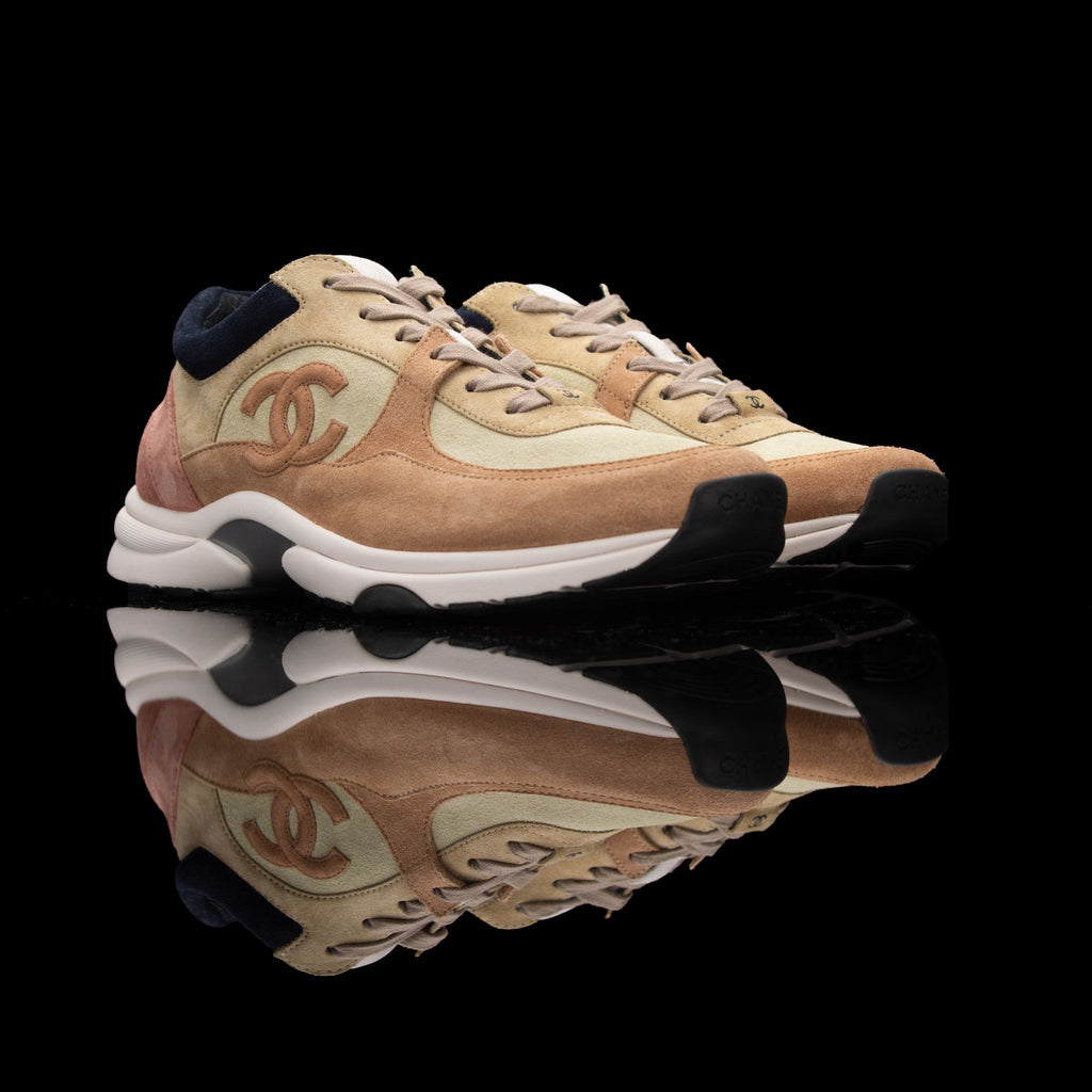 Chanel-CC Sneakers-Pre Order Duration (3-5 Working Days) CC Logo on side Cream, Pink, Navy Suede, Rubber Sole 2018 Release Limited Stock Womens Chanel CC Sneakers Suede is pre-order exclusive. Crafted in pink, cream and navy colour suede fabric. These sne