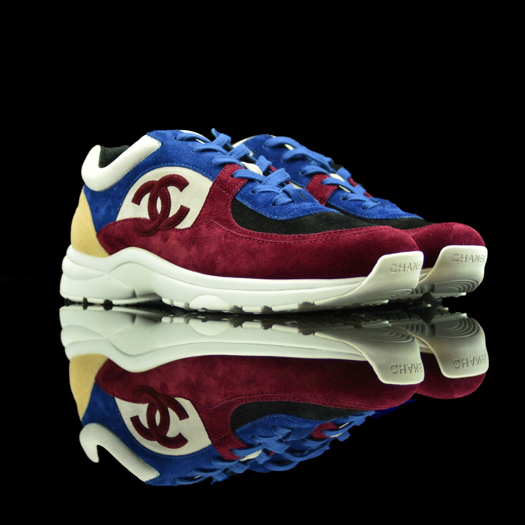 Chanel-CC Sneakers-Pre Order Duration (3-5 Working Days) CC Logo on side Burgundy, Blue, Cream, White, Black Suede, Rubber Sole 2018 Release Limited Stock Womens Chanel CC Sneakers Suede is pre-order exclusive. Crafted in rich burgundy, cream and blue col