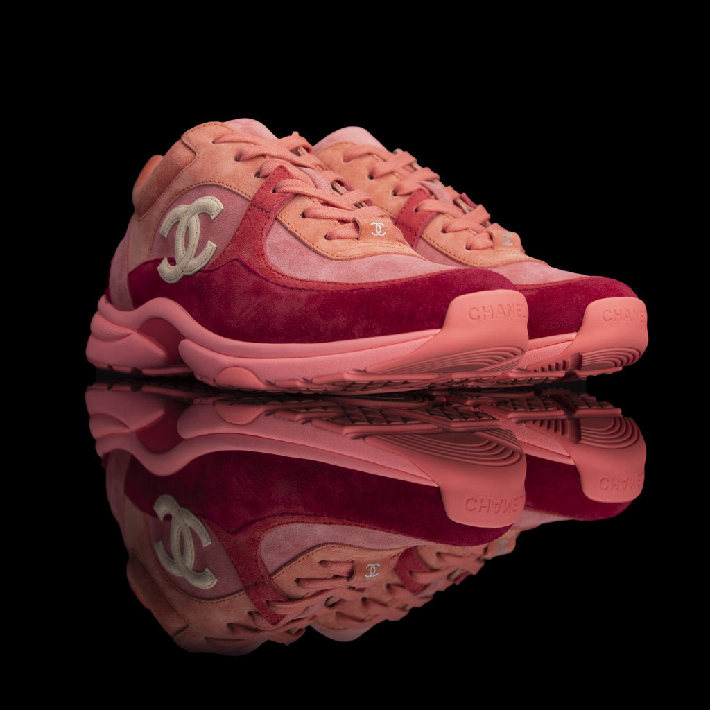 Chanel-CC Sneakers-Pre Order Duration (3-5 Working Days) CC Logo on side Coral Pink Suede, Rubber Sole 2019 Release Limited Stock Chanel CCs crafted in a suede material with sports CC branding on the side. Composed on rubber sole that carries Chanel typog