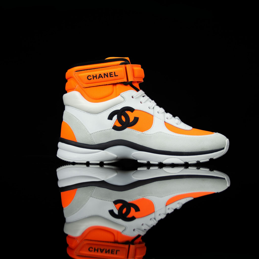 Chanel-CC Sneakers-Pre Order Duration (3-5 Working Days) This item is classed as Women's CC Logo on side G33728 Y52847 K0727 Orange, Grey, White, Black Released 04.2018 Limited Release Lambskin & Suede Calfskin Women's Chanel High top Sneakers Velcro CC i