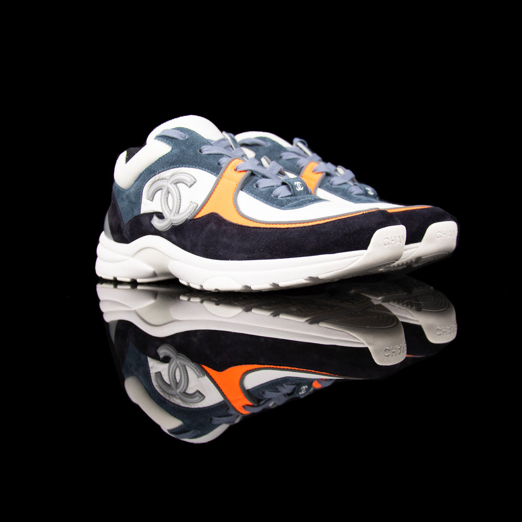 Chanel-CC Sneakers-Pre Order Duration (3-5 Working Days) CC Logo on side Silver Reflective 3m piping and back White Blue Orange Release: 2019 Limited Release Suede Nylon 3m-fabriqe.com