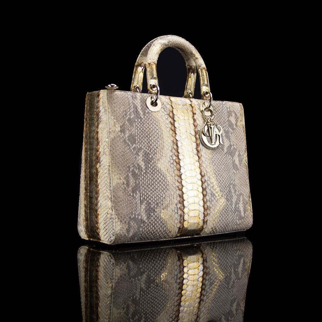 Christian Dior-Hand Bag-Python Skin Gold Brown, Gold Large Exclusive Release Length: 32 cm Width: 9 cm Height: 25 cm Handle Drop: 10 cm Interior Material: Leather Shoulder Strap: 45 cm Hardware: Gold Tone Release Date: 2013 Italy-fabriqe.com