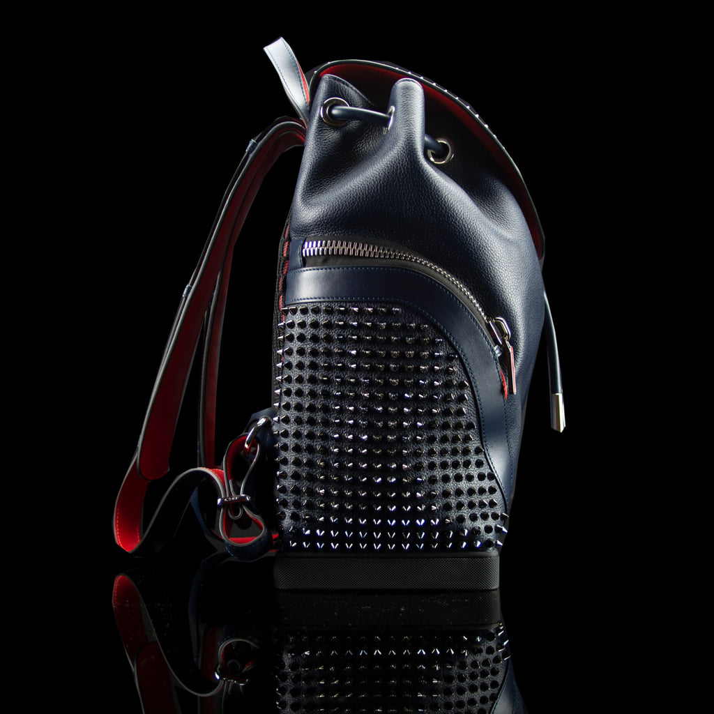 Christian Louboutin-Backpack-Navy Blue Leather Outer Metal Spikes Magnetic Closure Rubber Bottom-fabriqe.com