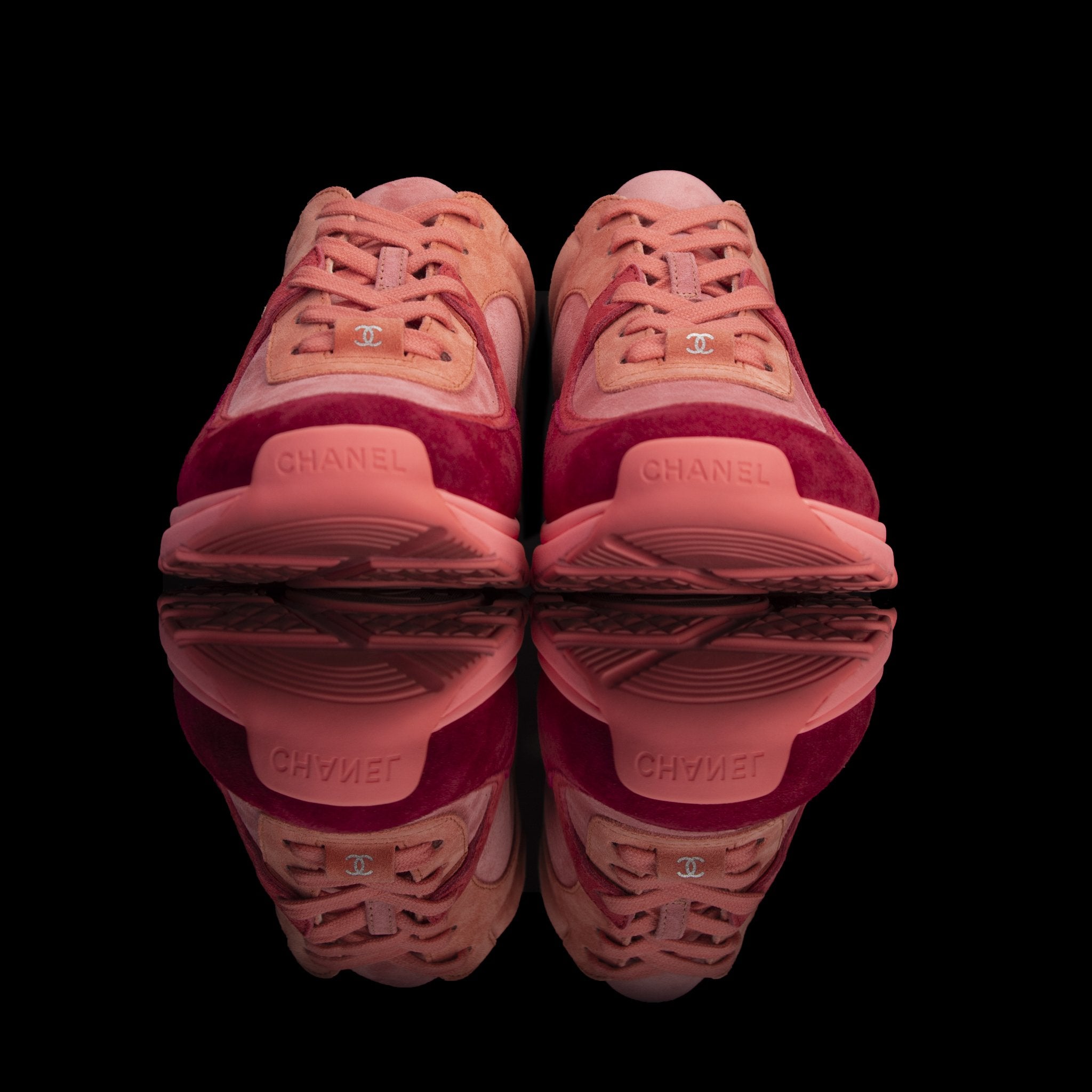 Chanel-CC Sneakers-Pre Order Duration (3-5 Working Days) CC Logo on side Coral Pink Suede, Rubber Sole 2019 Release Limited Stock Chanel CCs crafted in a suede material with sports CC branding on the side. Composed on rubber sole that carries Chanel typog