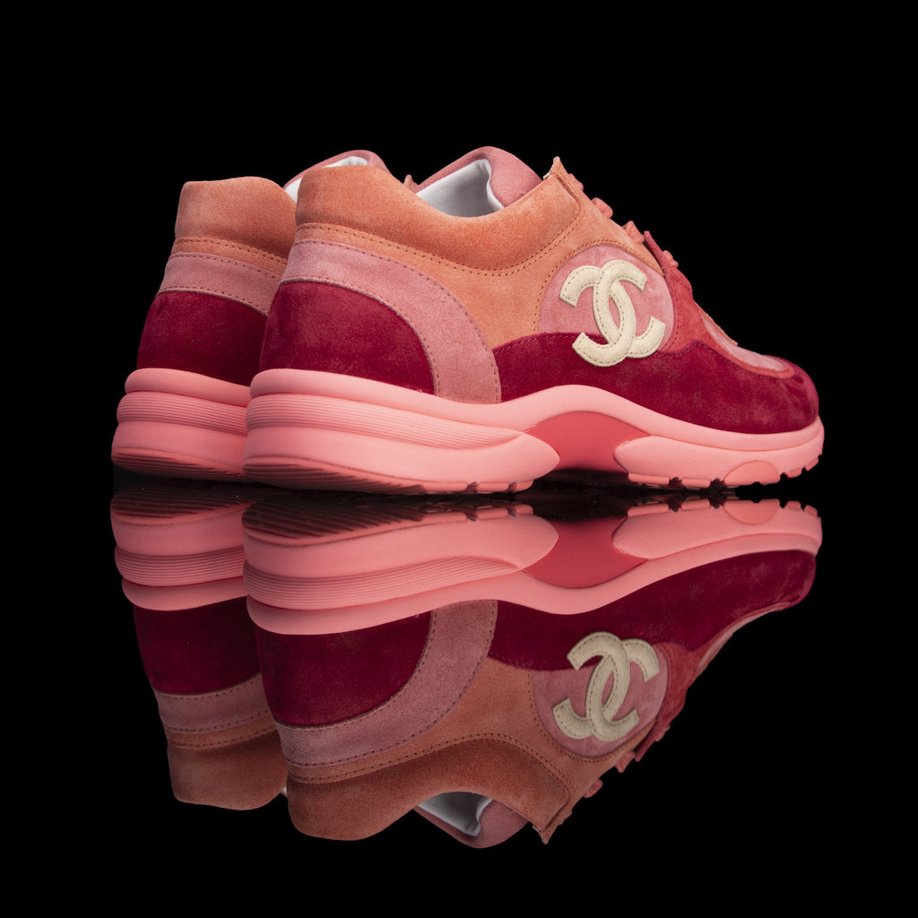 Chanel-CC Sneakers-Pre Order Duration (3-5 Working Days) CC Logo on side Coral Pink Suede, Rubber Sole 2019 Release Limited Stock Chanel CCs crafted in a suede material with sports CC branding on the side. Composed on rubber sole that carries Chanel typog
