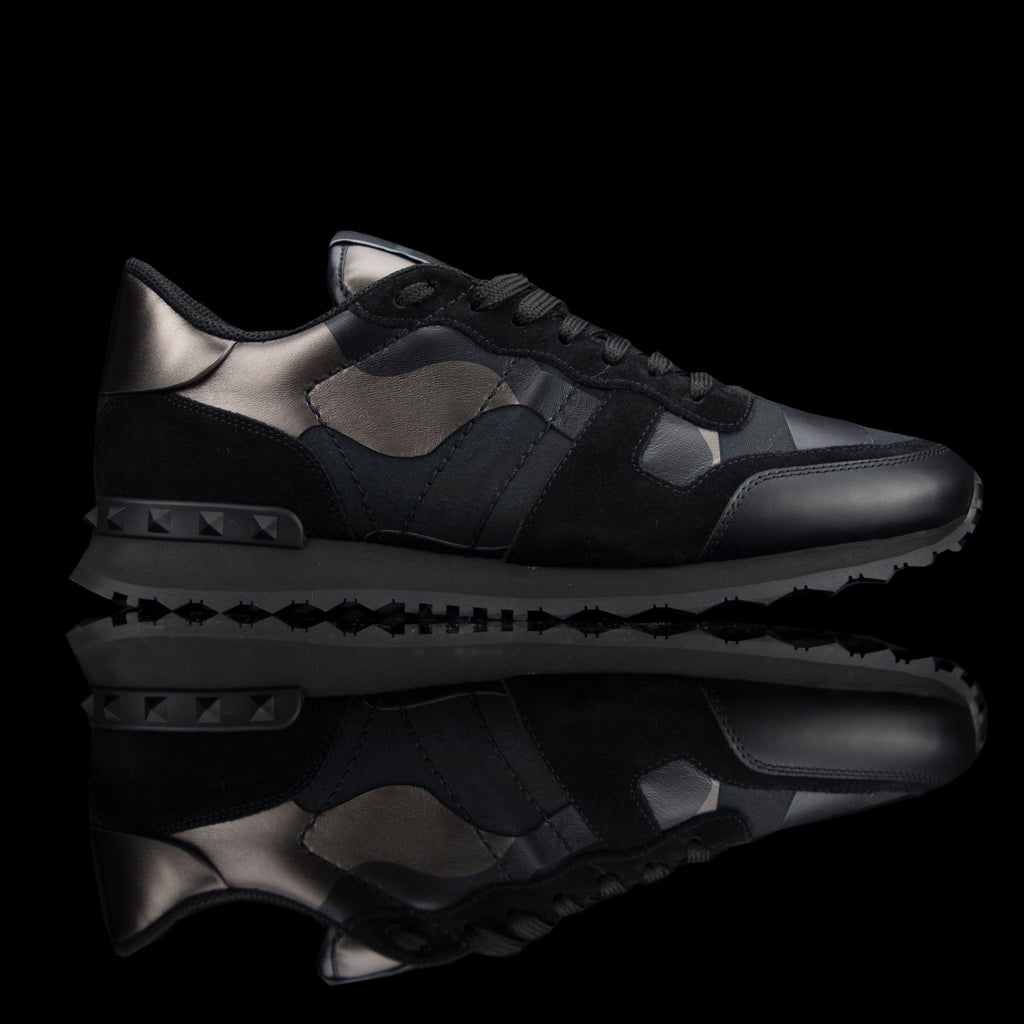 Valentino-Rockstud Sneakers-Product Code: PY2S0723 Colour: Black Silver Camo Limited Stock 2017 Release Material: Leather, Suede, Canvas-fabriqe.com